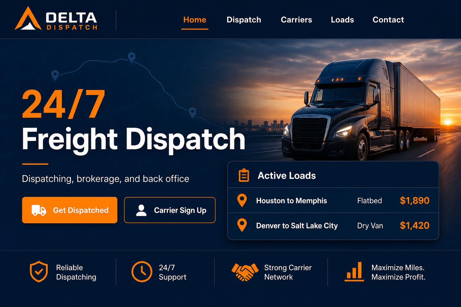 Delta Dispatch freight broker website template preview