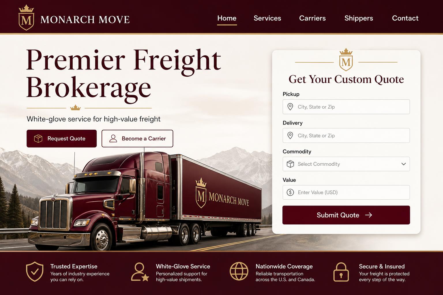 Monarch Move freight broker website template preview